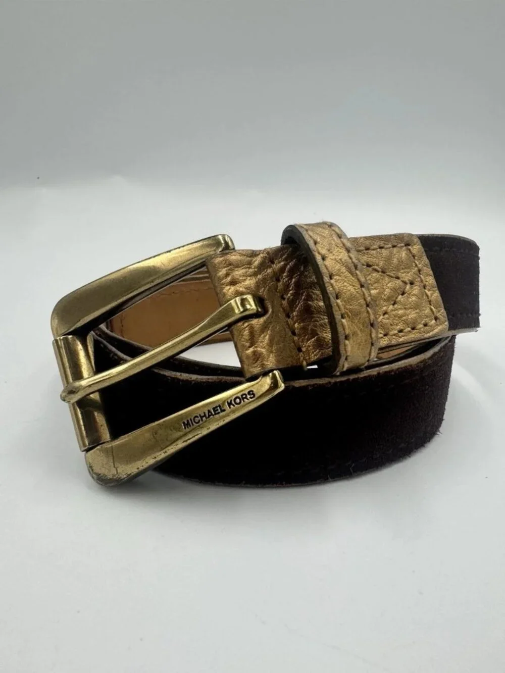 Michael Kors Suede Leather Belt Womens M Brown Gold Buckle